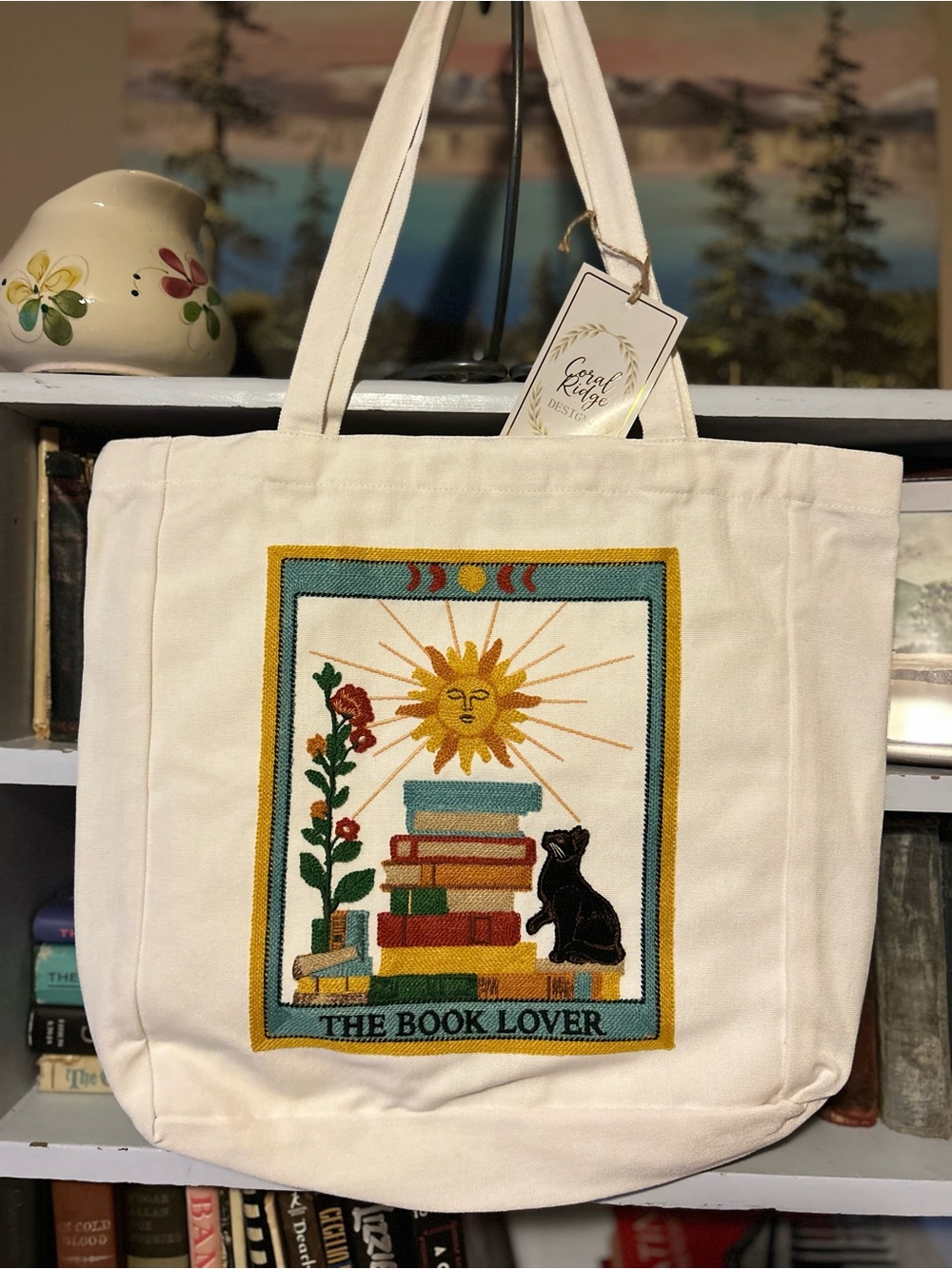 The book lover, tarot, inspired hand, embroidered canvas book tote